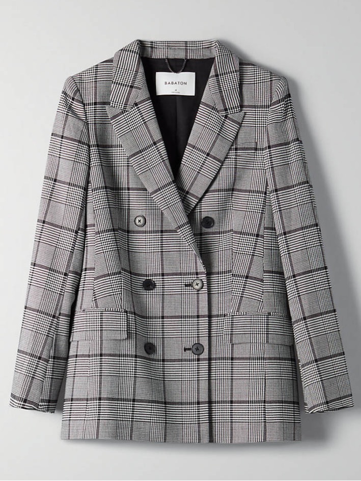 Aritzia Wilfred Samuel Double-Breasted Gray Plaid Blazer Black And White Size 4